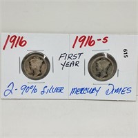 2 1916 90% Silver Mercury Dimes