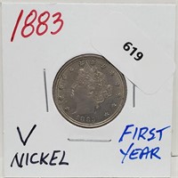 First Yr 1883 V Nickel 5 Cents