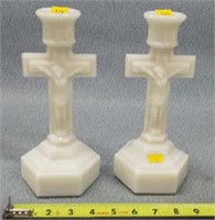 2- Milk Glass Cross Candle Holders 1- REPAIRED