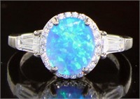 Oval Blue Opal & White Topaz Baguette Ring