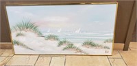 Art, Painted Canvas Beach Scene w/Gold Metal Frame