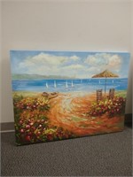 Art, Beach w/Sailboats Oil Painting