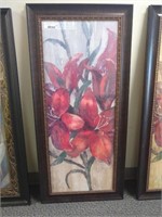 Framed Floral Print w/Red Flowers, Grey Background