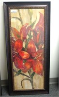 Framed Floral Print w/Red Flowers, Tan Background