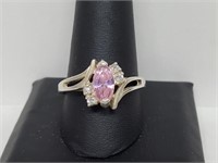 .925 Sterling Silver Pink Tourmaline/Diamond Ring