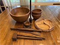 (12) Vintage Wooden Serving Dishes & Utensils