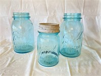 3 Antique Blue Mason Jars