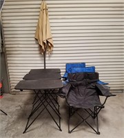 Folding Table, Chairs And Umbrella