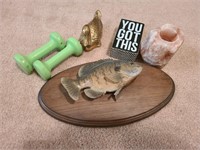 Misc Lot of mounted fish, hand weights, candle,