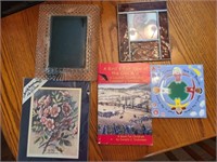 Misc Lot of picture frames, book, and hot plate