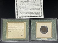 1865 Two Cent Piece in American History Society Bo
