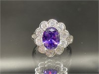 STERLING SILVER RING WITH PURPLE AND WHITE STONES