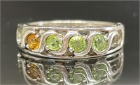 STERLING SILVER RING WITH GREEN AND ORANGE STONES