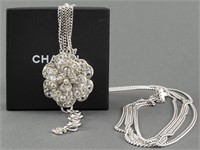 Chanel Silver-Tone Chain Belt w Crystal Camellia