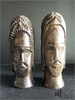 Pair of Hand Carved Wooden Heads