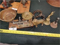 Antique scale, bank, and bells