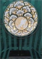 GOLD & WHITE GLASS PLATE W/STAND*SIGNED
