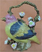 PORCELAIN & BRASS BIRD W/ROSES PITCHER WITH LID