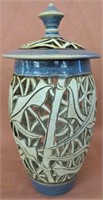 LAZER CUT CLAY JAR W/BEAUTIFUL BLUE SPECK DESIGN