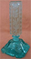 ETCHED ROSE TURQUOISE COLORED GLASS INK WELL