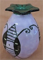 SMALL HANDMADE & PAINTED PURPLE GLASS VASE W/PRINT