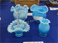 OPALESCENT BLUE HOBNAIL GLASS VASES AND BASKET
