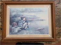 Little Boy with his Dog Fishing Framed Picture