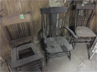 old wood rocker & 2 chairs