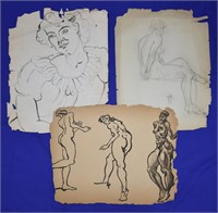 3 pcs. Joseph Delaney Ink on Paper Nude Studies