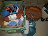 Folk Sewing Basket and Tub of Yarn