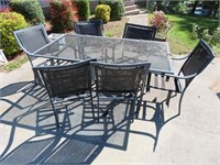 WROUGHT IRON PATIO TABLE - GLASS TOP & 6 CHAIRS