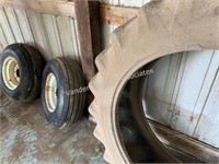 15.5x38 used tractor tire and 2) 11.Lx 15 wheels