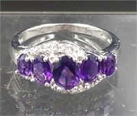 5 Stone Amethyst Stainless Steel Ring SZ 9 1/4