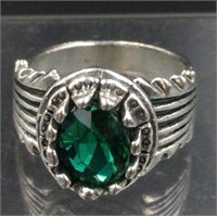 Stainless Steel and Green Glass Stone Ring SZ 9.5