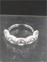 Aquamarine & White Zircon Sterling Silver Ring SZ
