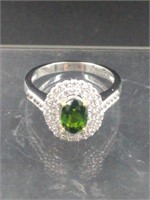 Emerald & White Topaz Sterling Silver Ring SZ 6.5