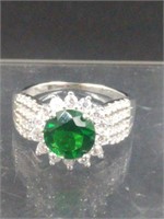 Emerald & White Topaz Sterling Silver Ring SZ 7