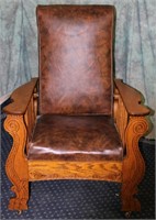 ANTIQUE OAK MORRIS TYPE RECLINING CHAIR ON CASTERS