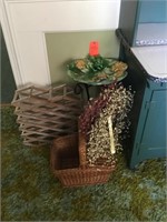 Folding wine rack, frog bird bath, basket & wreath