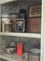 Contents of 2 shelves blue bowls, cigar boxes,