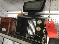 all items on top shelf, radio, wood stool, etc