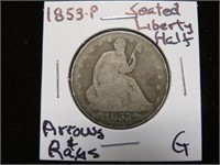 1853 P SEATED LIBERTY HALF $ 90% (ARROWS & RAYS) G