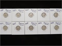 (10) MERCURY DIMES 90% VARIOUS DATES & MM