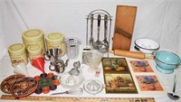LOT - KITCHEN UTENSILS, CANISTERS, ENAMELWARE