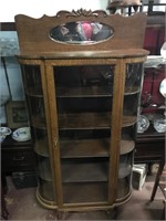 Antique Tiger Oak Curved Side China Cabinet