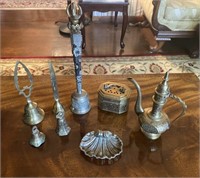 Collection of Indian Brass Bells, Trays & Pot
