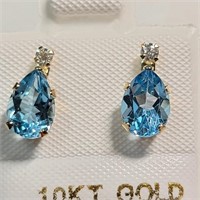 $350 10K  Blue Topaz(1.5ct) Moissanite(0.06ct) Ear