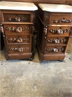 Rare Pr Fancy Carved Antq Mrbl Top 4 Drawer Stands