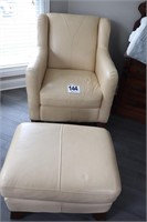 Cream Colored Leather Chair & Ottoman (R6)
