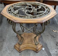 Ornate Metal and Wood Hexagon Outdoor Table.